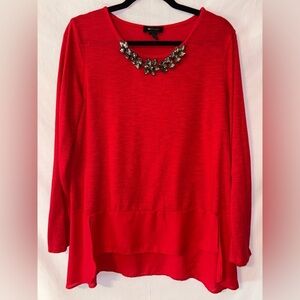 AB Studio Red Blouse with Embellished Neckline